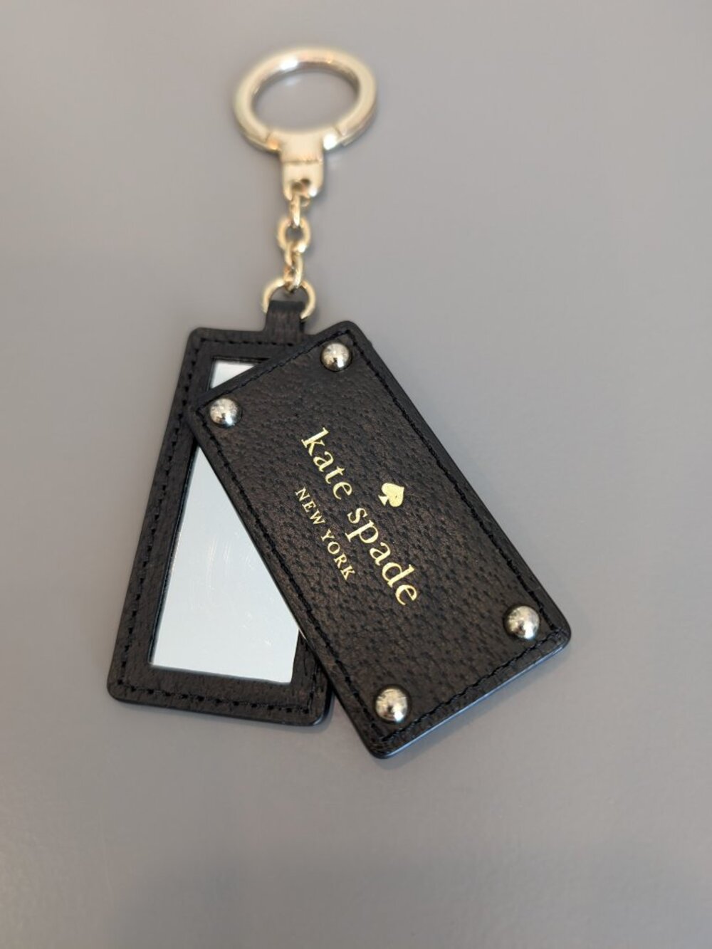 Kate Spade Grove Street Black Pebbled Leather Mirror Keychain Charm Gold Tone - Picture 8 of 8